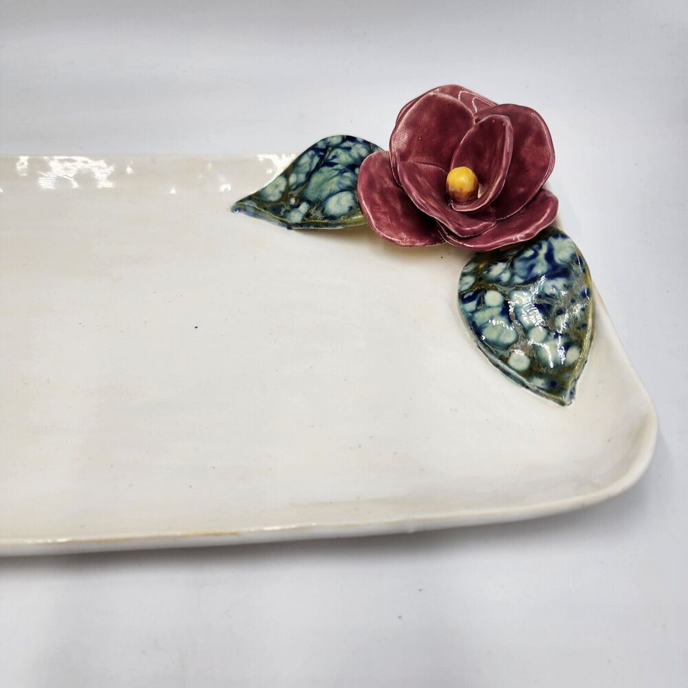 Art Pottery 16" Applied Rose Flower Hand-Made Signed Tray Dessert Tea Party